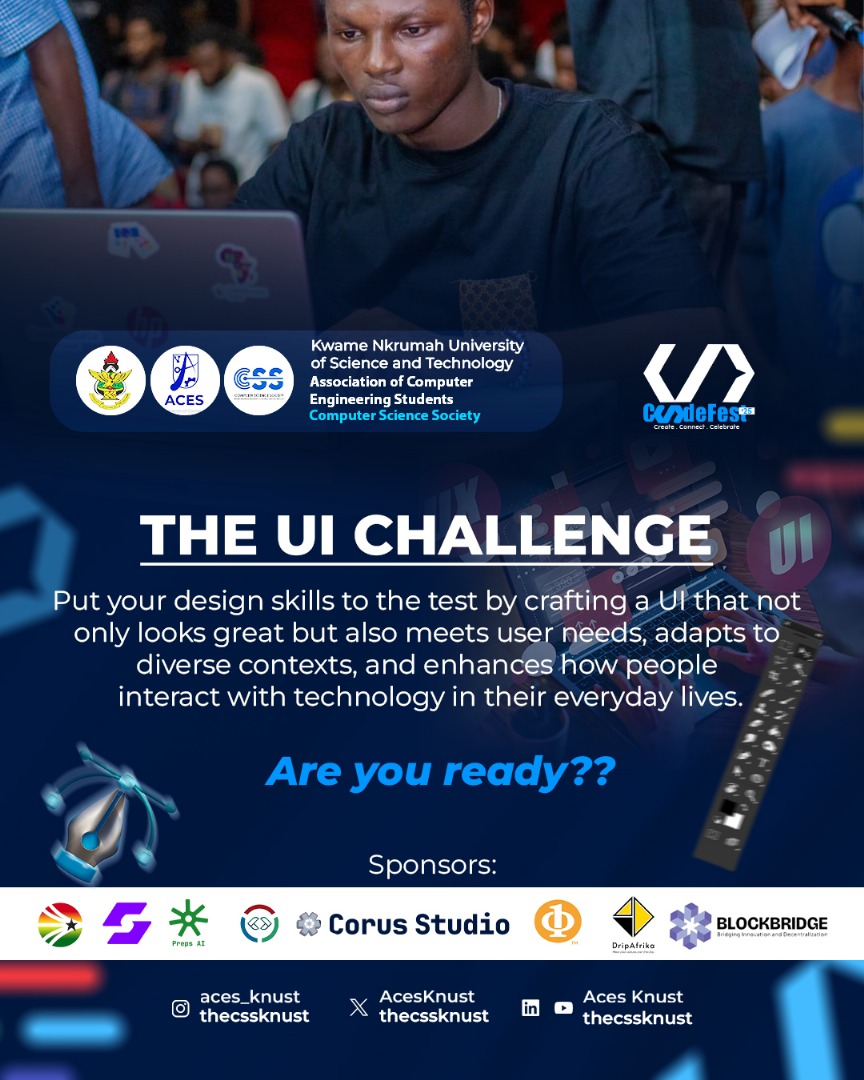 AcesKnust's tweet image. ๐จ UI Challenge โ CodeFest โ25โจ๐ฑ
Think youโve got what it takes to build a truly impactful user interface?
The UI Challenge is your arena where creativity meets functionality, and aesthetics align with accessibility. ๐งฉ๐ฑ
Are you ready to create the future? ๐ ๐
#CodeFest25