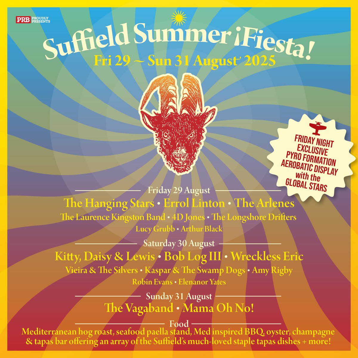 Delighted to announce the full music programme for the Suffield Summer Fiesta + an exclusive pyro air acrobatic display at dusk on Friday!

Buy your tickets now from bit.ly/SuffieldFiesta