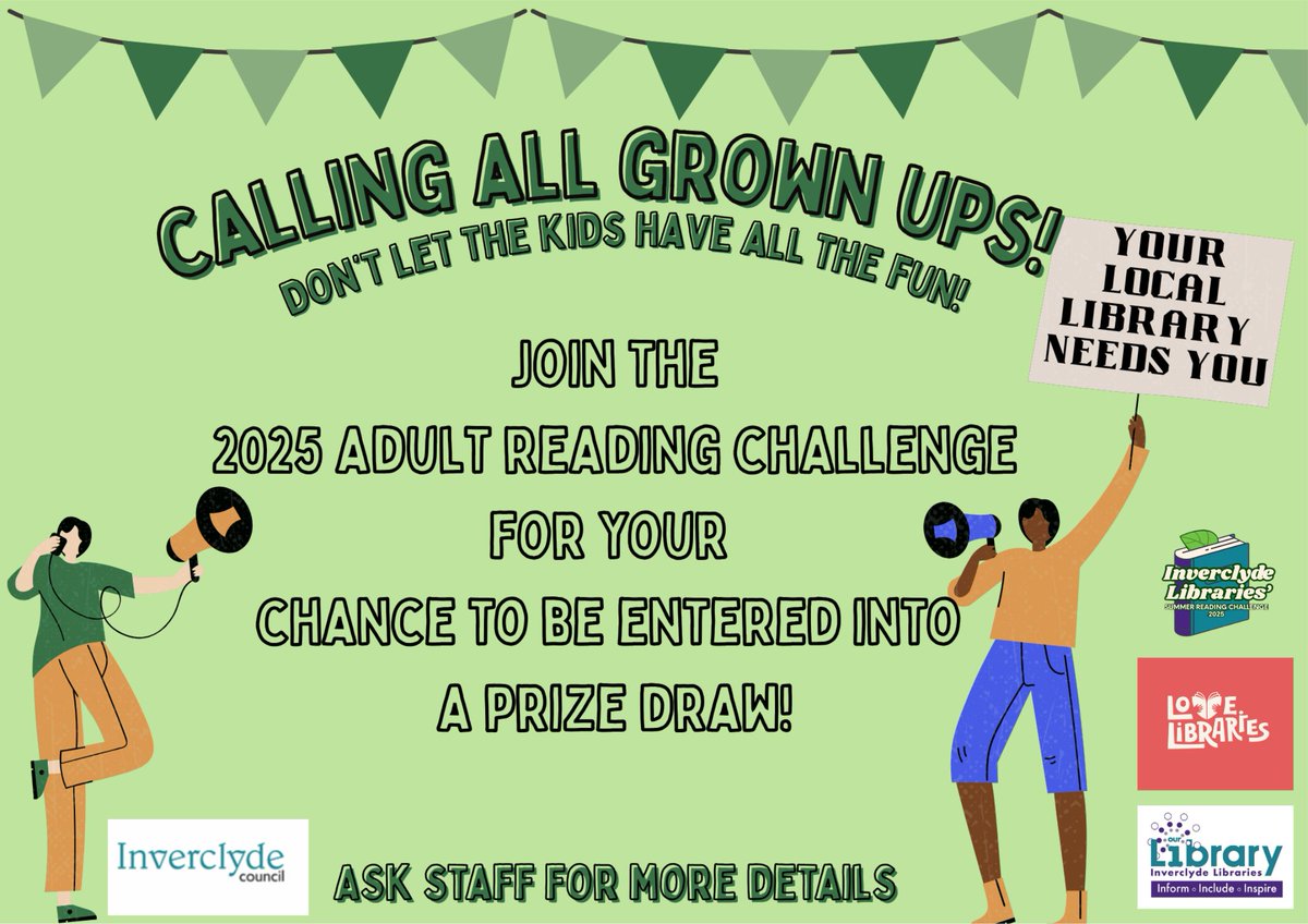 InverclydeLibs's tweet image. CALLING ALL GROWN UPS! There's still time to sign up to our Adult Summer Reading Challenge. Collect your sign up pack in your local branch, read 5 books before the 23rd August and be in with a chance to win one of three £10 book tokens! @inverclyde @discinverclyde #ASRC2025…