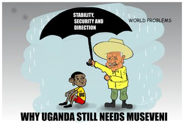 AmoitOmoit's tweet image. This cartoon powerfully illustrates how President Yoweri Museveni continues to shield Uganda from global instability through his steady leadership. #WhyUgStillNeedsM7