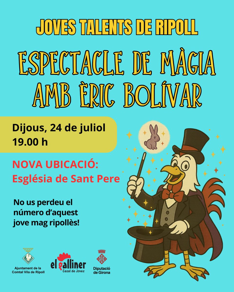 ‼️ CANVI D'UBICACIÓ: A causa de la previsió de possible pluja, l'espectacle de màgia d'aquesta tarda a les 19 h es farà a l'Església de Sant Pere. Us hi esperem! 🎩🪄

#Ripoll