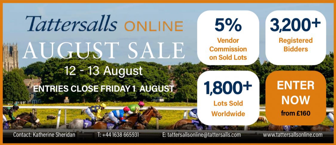 EBN (@bloodstocknews) on Twitter photo Don't miss the <a href="/tatts_online/">Tattersalls Online</a> August Sale โ๏ธ
โ
5% Vendor Commission on Sold Lots
โ
3,200+ Registered Bidders
โ
1,800+ Lots Sold Worldwide
๐ 12 - 13 August 2025
Entries close FRIDAY 1 AUGUST โ๏ธ
โก๏ธ tattersallsonline.com
#ReadAllAboutIt Don't miss the <a href="/tatts_online/">Tattersalls Online</a> August Sale โ๏ธ
โ
5% Vendor Commission on Sold Lots
โ
3,200+ Registered Bidders
โ
1,800+ Lots Sold Worldwide
๐ 12 - 13 August 2025
Entries close FRIDAY 1 AUGUST โ๏ธ
โก๏ธ tattersallsonline.com
#ReadAllAboutIt