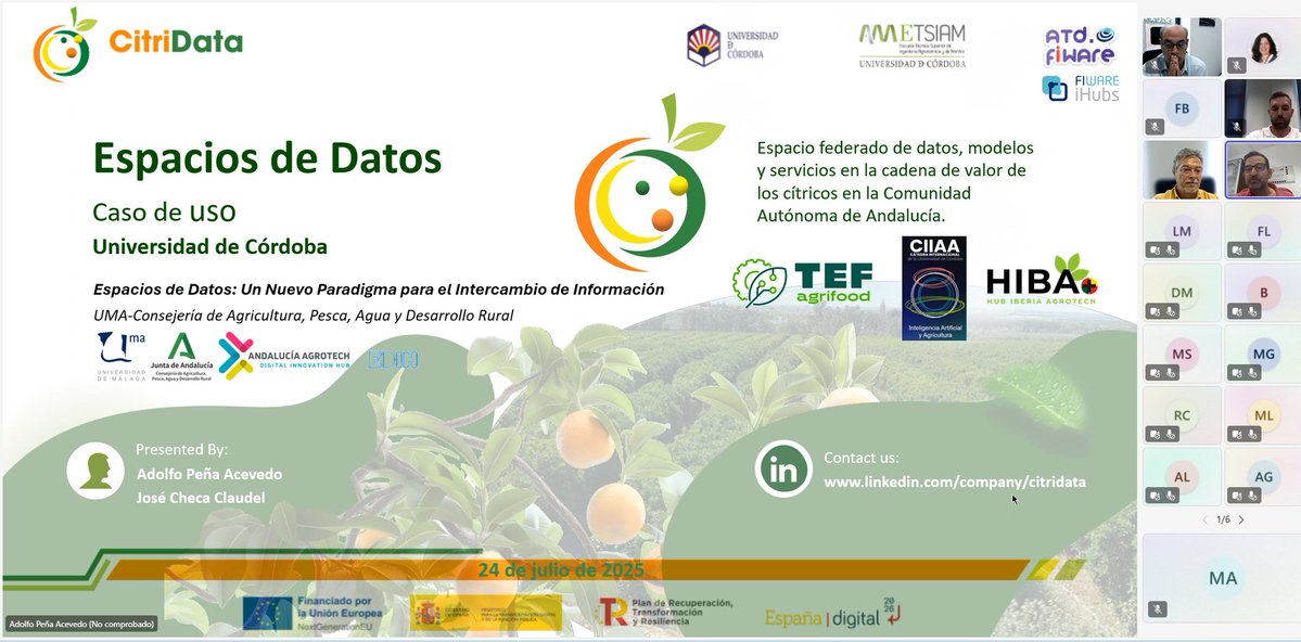 DIHAndAgrotech's tweet image. Casos de uso en seminario web Espacios de Datos
CitriData de @Univcordoba @ETSIAMCordoba
Espacio federado de datos, modelos y servicios en la cadena de valor de los cítricos en Andalucía
@DIHAndAgrotech @HIBA_UE @AgrifoodTEF