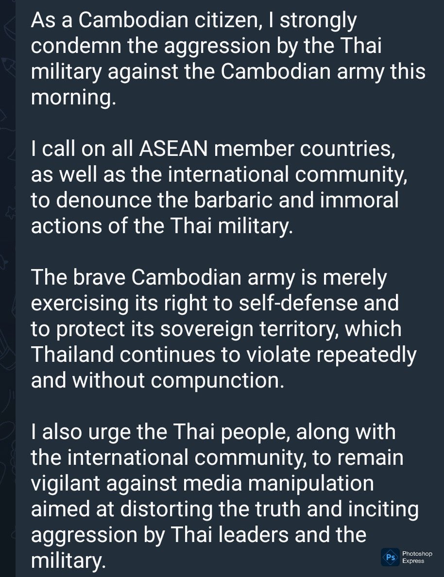 JeonSumin130613's tweet photo. The Thai military launched an attack on Cambodia first. Cambodia has the right 
to defend itself and its national sovereignty. Thailand has invaded Cambodia using military force.

#ThailandStartedTheWar
#ไทยเป็นผู้เริ่มสงคราม
#JusticeForCambodia
#cambodianeedpeace https://t.co/qoH1iPtQ9q