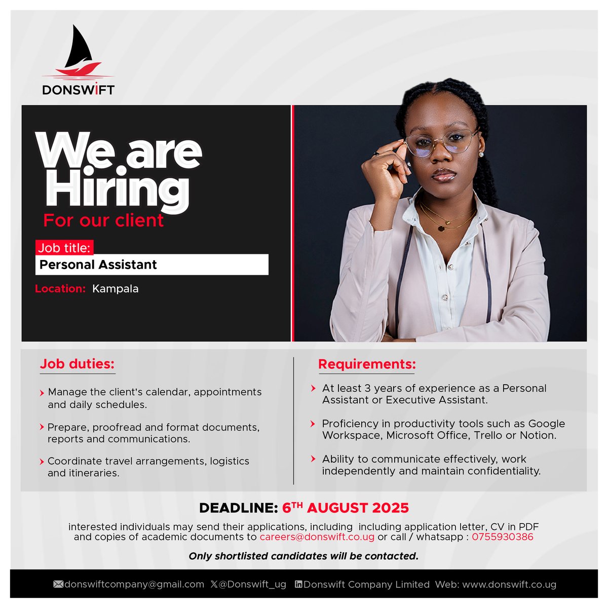 Donswift_ug's tweet image. Hiring
Are you organized, tech-savvy, and discreet?
Apply Now: careers@donswift.co.ug
Deadline: 6th August 2025
For more info: donswift.co.ug/jobs/we-are-hi…
#Hiring