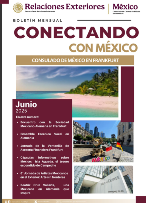 🗞Ya disponible nuestro boletín “Conectando con México” de junio
📍Búscalo en nuestro Consulado o en su versión digital 📲: portales.sre.gob.mx/saladeprensa/l…
☑️¡Entérate de todos los eventos y actividades que organizamos para ti!