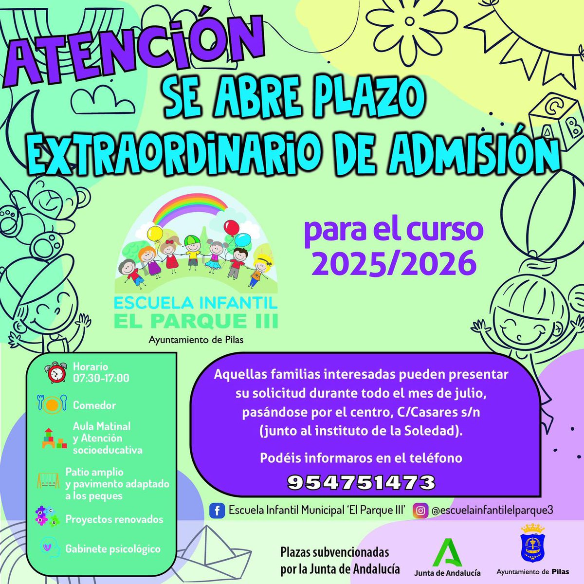Buenos días #Pilas.
#BienestarSocial | 👧🏻🧒🏻 ¡𝐔́𝐥𝐭𝐢𝐦𝐨𝐬 𝐝𝐢́𝐚𝐬!
Abierto el plazo extraordinario de admisión en la Escuela Infantil Municipal 'El Parque III' ➡️ 𝑯𝒂𝒔𝒕𝒂 𝒆𝒍 31 𝒅𝒆 𝒋𝒖𝒍𝒊𝒐.
ℹ️ Más información en el cartel adjunto.