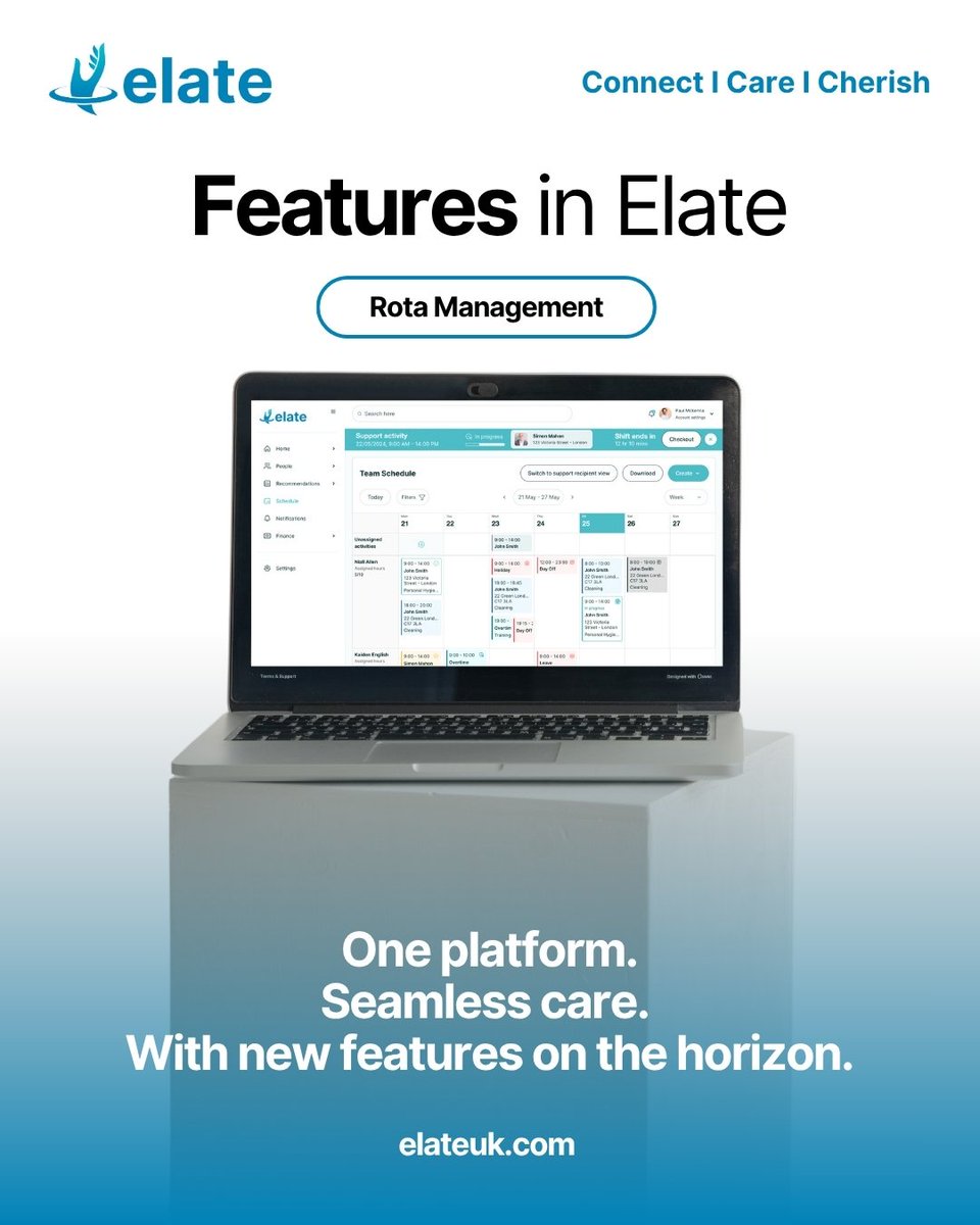 elateUK's tweet image. Schedule with confidence in Elate 🗓️

Whether it’s this week or next year, you can plan support activities and team rotas well in advance. Seamless, stress-free, and built for better care delivery. 💙

Stay tuned for updates!

#CarePlanning #TeamScheduling #Elate #ComingSoon