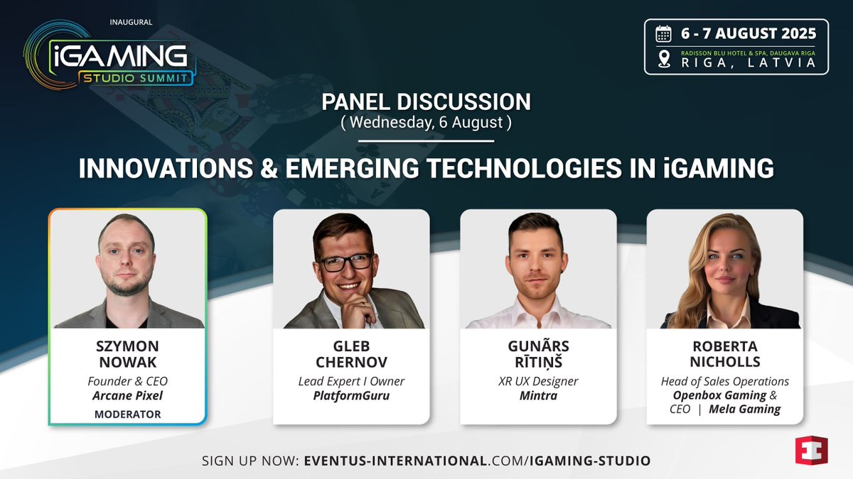 EventusInt's tweet image. At the upcoming iGaming Studio Summit, join moderator Szymon Nowak, Founder & CEO of Arcane Pixel, as he leads a forward-looking panel exploring the convergence of XR, AI, and real-time game innovation.
Secure your place: eventus-international.com/igaming-studio