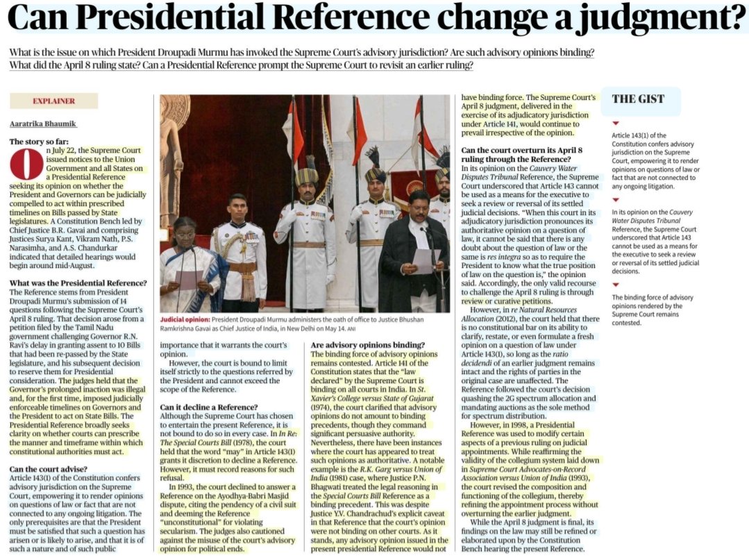 imRavikantYadav's tweet image. &apos;Can Presidential Reference change a judgement?&apos;

:An Informative article by Ms Aaratrika Bhaumik
@Aaratrika_11 

#PresidentofIndia  #PresidentReference  #SupremeCourt #Judgement 
#Article143 #Article141
#Constitution
#law

#UPSC 
#upsc2026