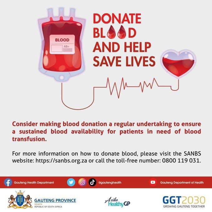 All eligible people are encouraged to donate blood 🩸 at their nearest South African National Blood Service donor centre to help those who need this critical intervention. For more information on your nearest donor centre, visit: sanbs.org.za #YourBloodSavesLives