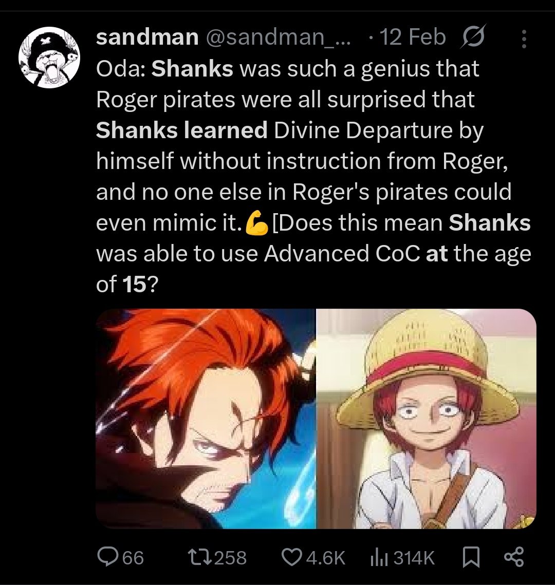 Since_heian_era's tweet image. Shanks at 15 learned a *Sword technique* which prime Rayleigh and Gaban couldn't. meaning he had better sword skills than them. But we all know that prime Ray easily negs pre teen Shanks
So Maybe Overall power ≠ Sword skills
