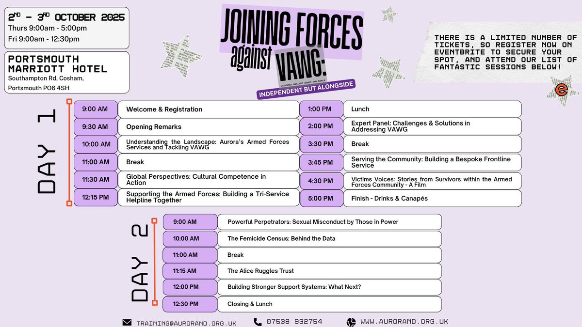 AuroraNewDawn's tweet image. Check out the FULL AGENDA for our Conference dedicated to tackling Violence Against Women and Girls within the Armed Forces community!
Tickets are on sale NOW buff.ly/7qDjJ3f
Use EARLYBIRD25 by 12 Sept for 25% off
Use GROUP25 for25% off 4+ tix
#JoiningForcesVAWG