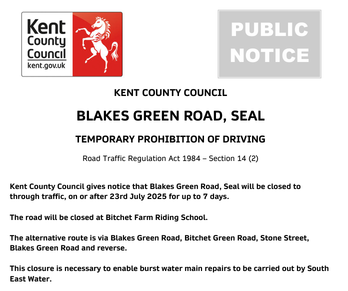 KCC Highways (@kenthighways) on Twitter photo Seal, Blakes Green Road. Road closed until 29th July for <a href="/sewateruk/">South East Water</a> works: moorl.uk/?axqzyq Seal, Blakes Green Road. Road closed until 29th July for <a href="/sewateruk/">South East Water</a> works: moorl.uk/?axqzyq