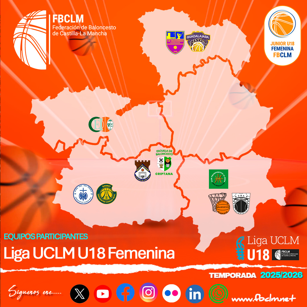 fbclm's tweet image. #LigaUCLM🚺| Calendario Oficial Temporada 2025-2026 de la Liga @uclm_es Femenina.
🏀GRUPO ÚNICO
CALENDARIO COMPLETO - JORNADA 1👇👇
📰 fbclm.net/ligauclm-calen…
#PasionXBasketCLM