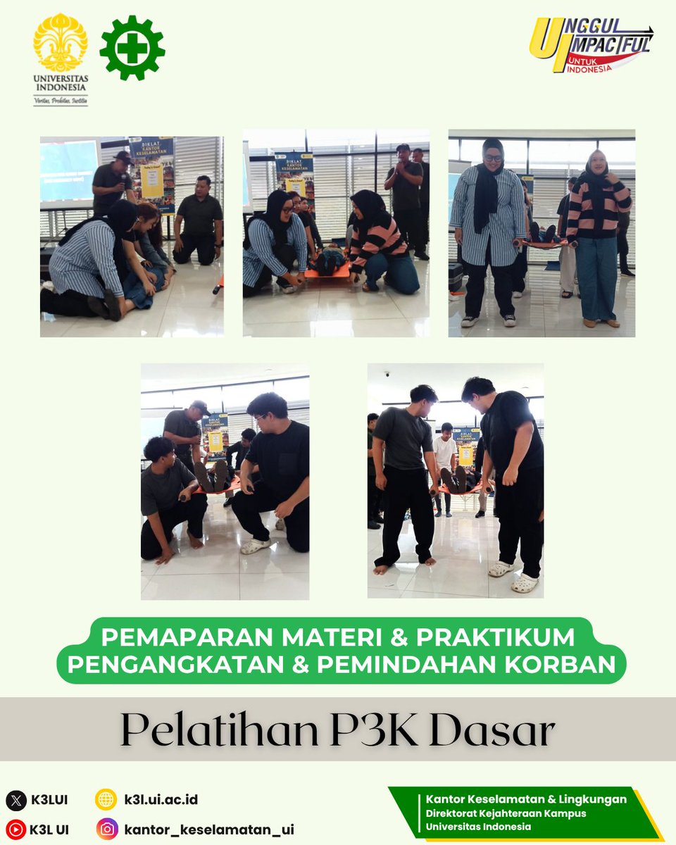 (23/7) Kantor Keselamatan &amp; Lingkungan memberikan Pelatihan P3K Dasar untuk Badan Perwakilan Mahasiswa (BPM) Fakultas Hukum Universitas Indonesia.  
Semoga pengetahuan &amp; keterampilan yg diberikan dapat bermanfaat.  #budayak3 #p3k #bantuanhidupdasar