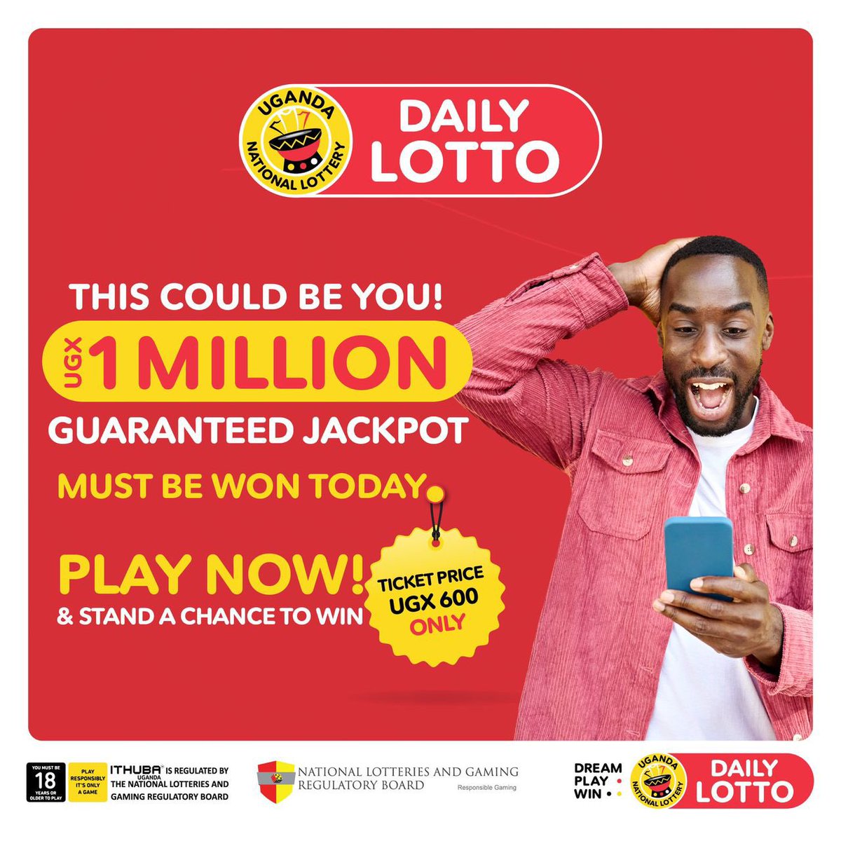 AherezaJanice's tweet image. Zannya #DAILYLOTTO buli lunaku ofune omukisa okuwangula akakadde.
Gula ticket yo ku mutimbagano gwa bit.ly/4eMCQba oba nyiga *185# abali ku Airtel, 252# (the lifestyle) okuzannya. Tiketi zikoma okutundibwa ku 8:30pm
#UgandaNationalLottery