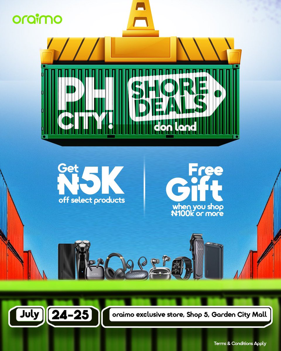 OraimoMate's tweet image. Abobi, Shore Deal don land!🛳️💚
Get up to ₦5K off select oraimo gadgets + a free gift when you shop ₦100K or more📦🎁
📍Shop 5, Garden City Mall— July 24–25