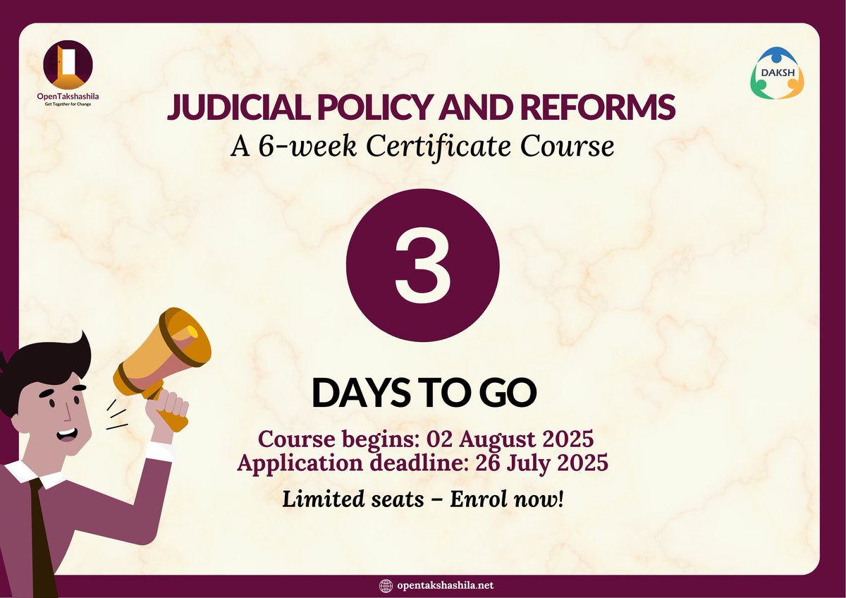 TakshashilaInst's tweet image. 3 days to go!
Exciting new course on OpenTakshashila! Apply today and join the network to drive judicial change. For more information: opentakshashila.net/spaces/1980643…