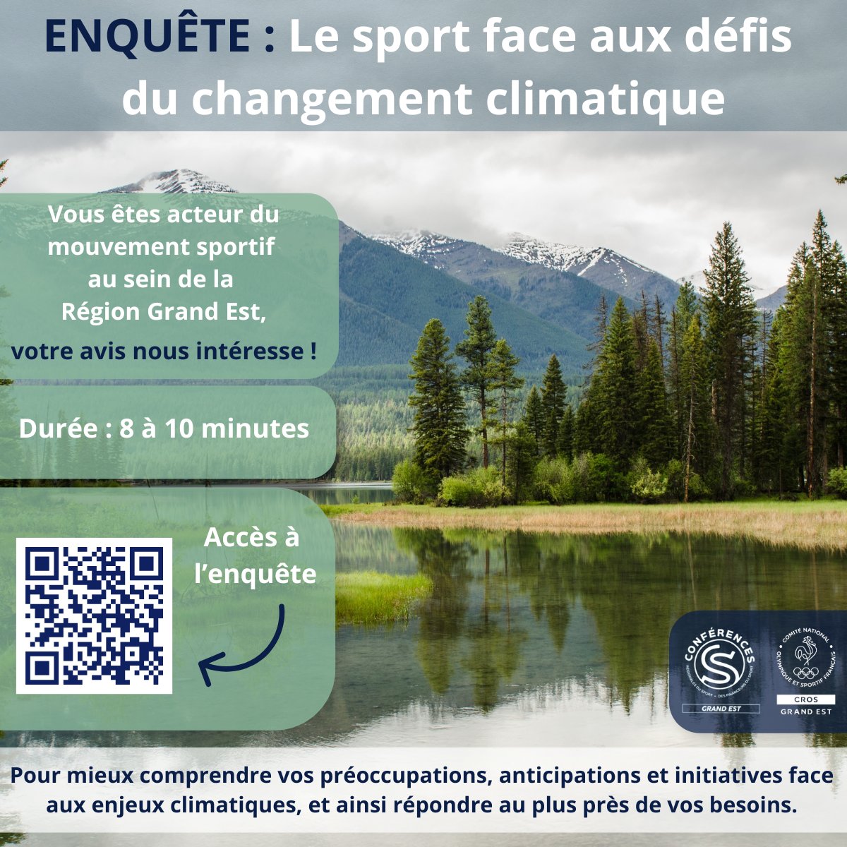 🌍 #Climat &amp; #Sport : vos retours comptent !
Le CROS Grand Est lance une enquête pour adapter les formations et outils à vos besoins face aux enjeux climatiques.
📅 Réponse avant le 31/08
🕐 8 à 10 min
👉 fr.surveymonkey.com/r/33VMWWM
🙏 Merci de relayer aux clubs et comités !