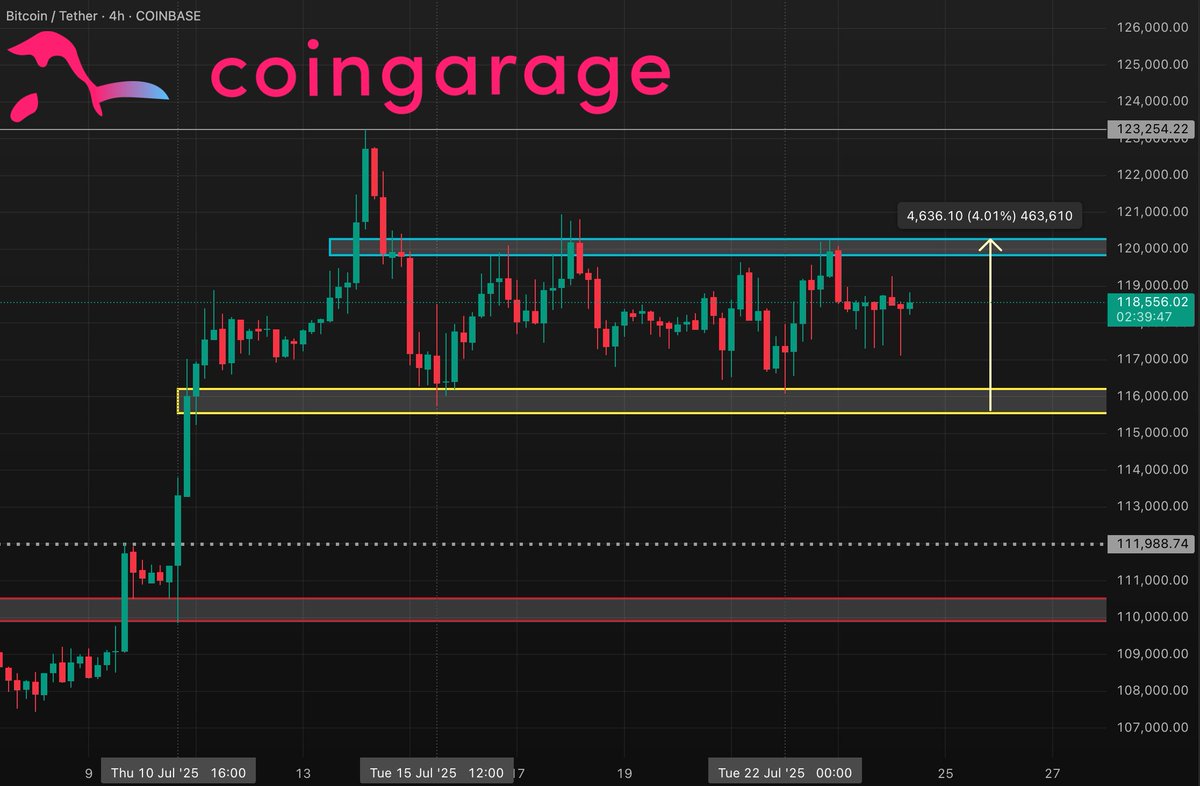 🟠 Bitcoin Update: Bulls Still in Control 🟠

BTC is currently trading in a tight 4% range between ~$116K and ~$120K.

✅ Since our July 15 update, price bounced twice from the yellow support box — showing bulls are strongly defending the zone.

🛡️ If BTC loses this support, a
