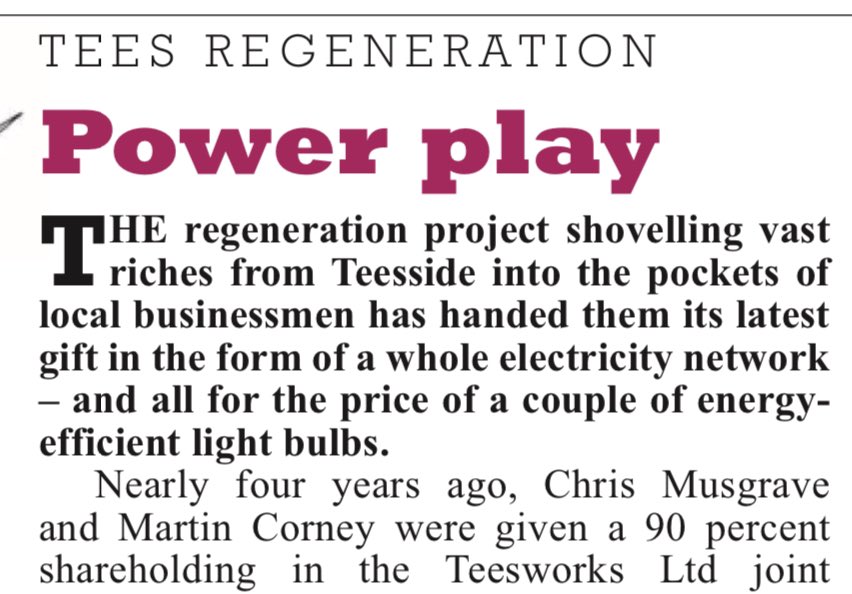 richard brooks (@rbrooks45) on Twitter photo Critical infrastructure update: 20 substations on Teesside sold to local businessmen for £10.91, as they’re gifted 45% stake in previously publicly-owned electricity network. Another bonanza on the Tees for the lucky few. Full details in <a href="/PrivateEyeNews/">Private Eye Magazine</a>. Critical infrastructure update: 20 substations on Teesside sold to local businessmen for £10.91, as they’re gifted 45% stake in previously publicly-owned electricity network. Another bonanza on the Tees for the lucky few. Full details in <a href="/PrivateEyeNews/">Private Eye Magazine</a>.