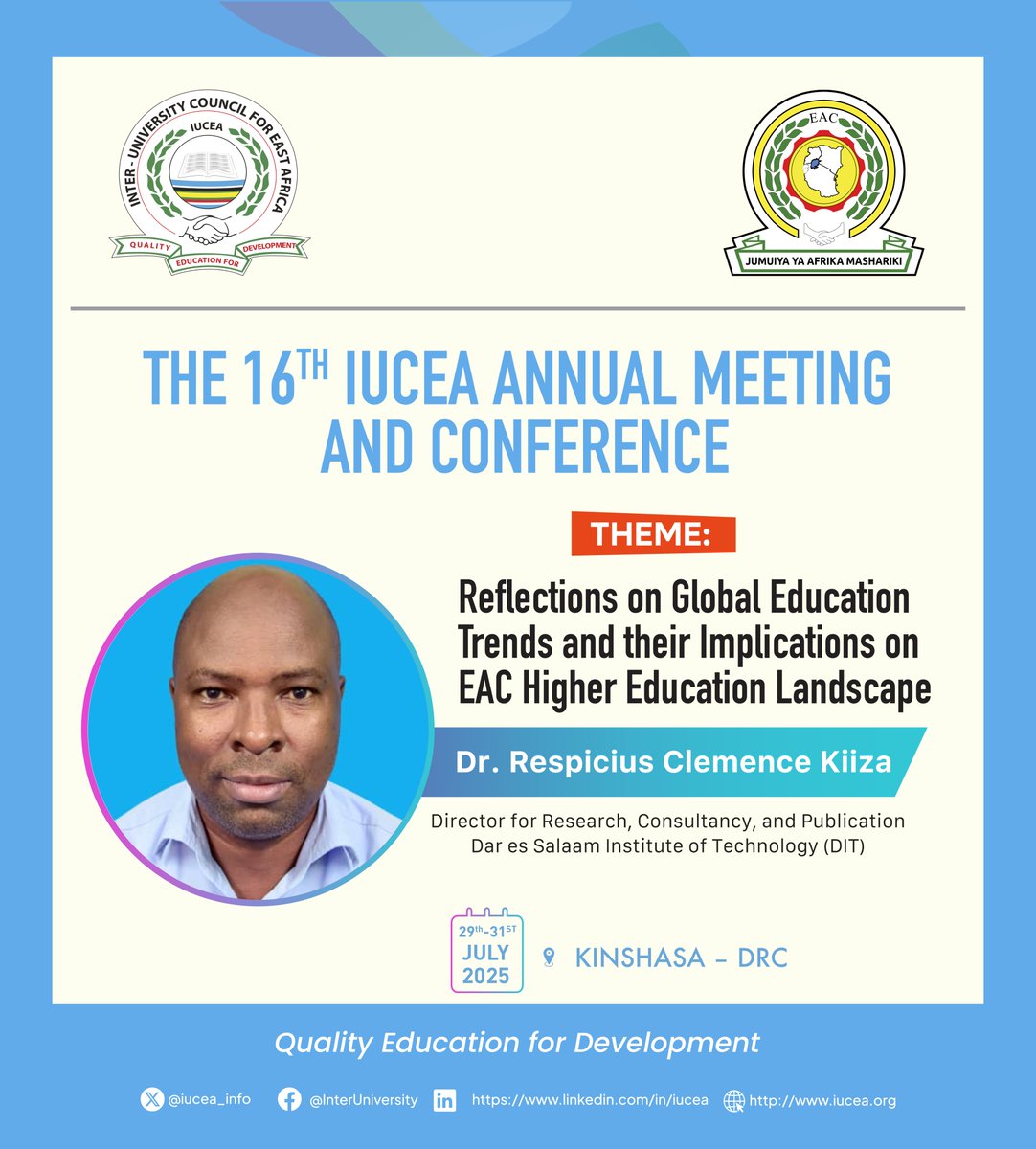 iucea_info's tweet image. Dr. Kiiza, the Director for Research, at the Dar es Salaam Institute of Technology (DIT), is scheduled to speak at the IUCEA Annual Meeting and Conference in Kinshasa. Dr. Kiiza specializes in electrical systems and high voltage engineering.