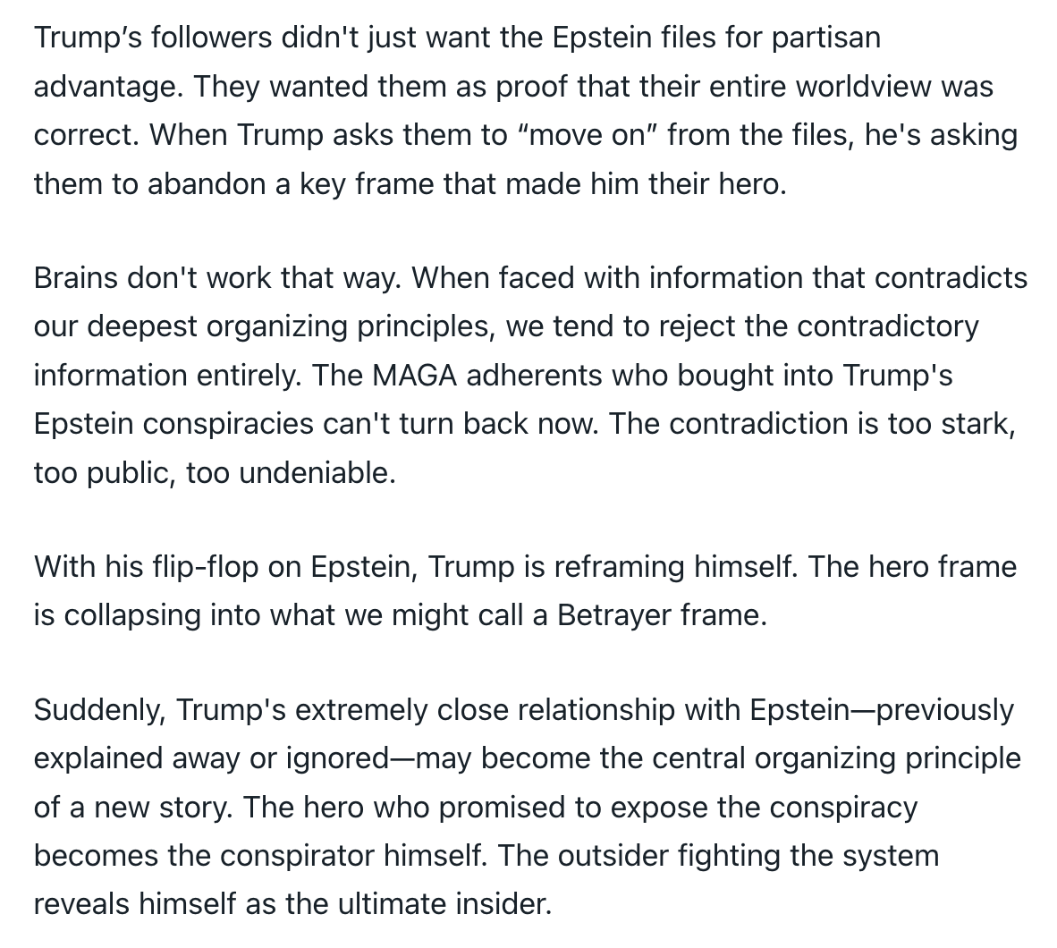 mikeemesser's tweet image. #Trump zeigt gerade in einem Lehrstück, wie #Framing und #Verschwörungstheorien funktionieren. Das Problem: Selbst, wenn er persönlich an #Epstein scheitern sollte, das verschwörungstheoretische Mindset lebt in der #MAGA-Basis weiter.

Leset diese tolle Analyse von Gil Duran!