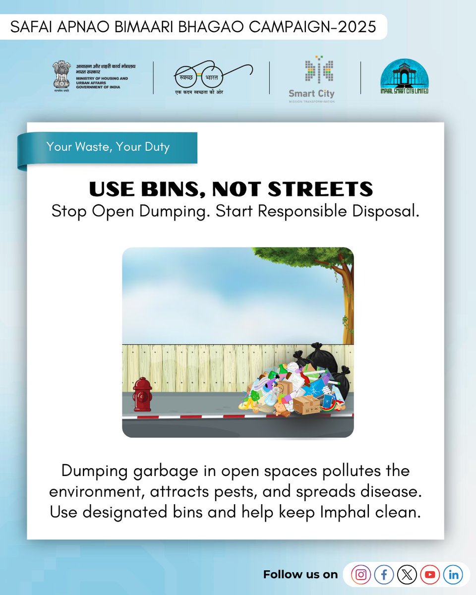 ImphalSmartCity's tweet image. We know the dangers of open waste dumping - from diseases to environmental hazards. Yet, it continues in our city. Be the change you want to see, and let your actions set an example. 

#StopOpenDumping #GarbageDumping #BeTheChange #SafeCity #SmartCityImphal