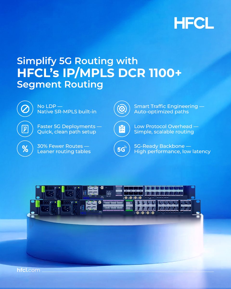 Simplify 5G Routing with HFCL's IP/MPLS DCR 1100 + Segment Routing

Say goodbye to complexity and hello to efficiency. With native SR-MPLS, HFCL’s DCR 1100 is built for faster, leaner, smarter 5G deployments.

✅ No LDP required
✅ 30% fewer routes
✅ Auto-optimized paths
✅