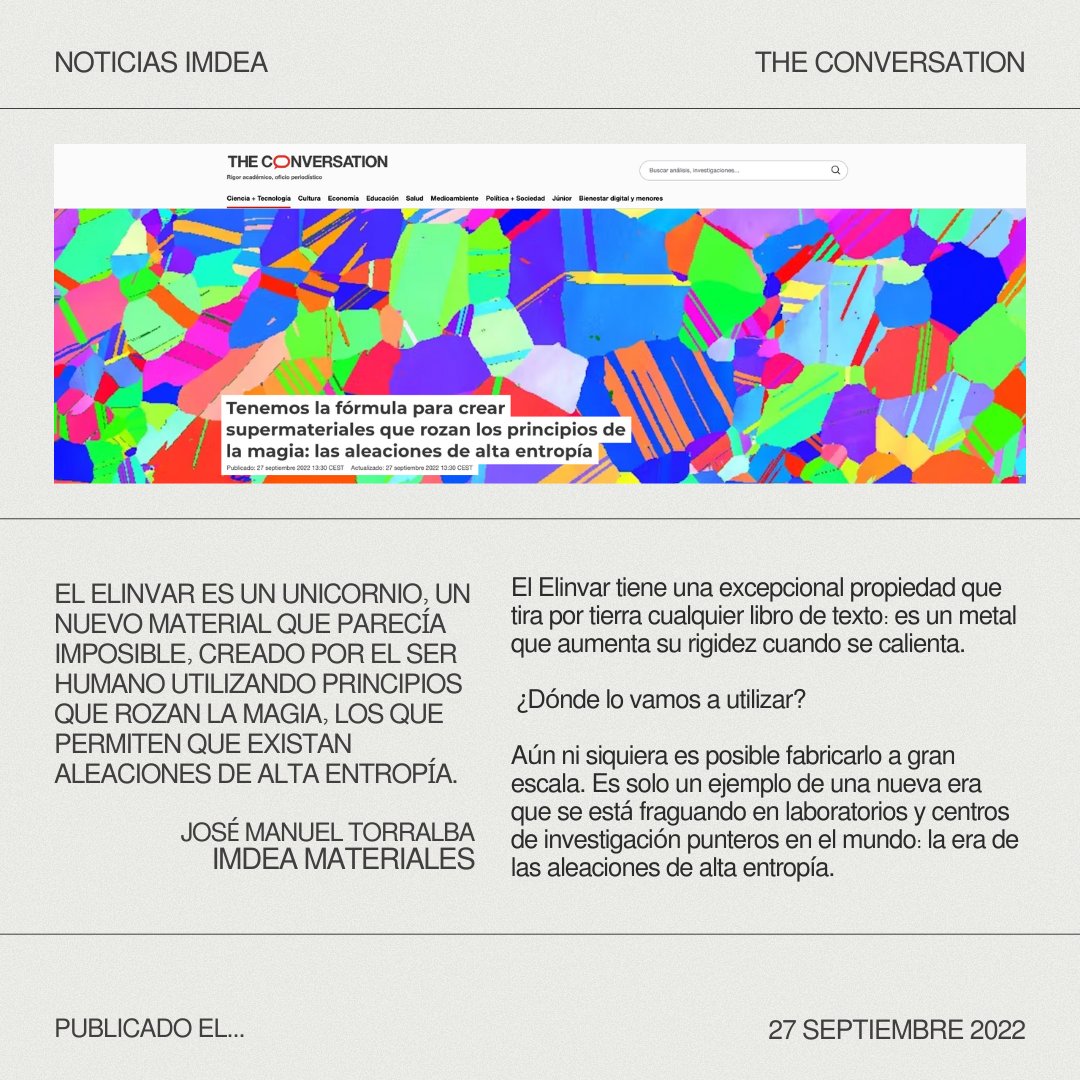 IMDEA Institutes (@imdeainstitutes) on Twitter photo 🗞️ <a href="/torralba59/">José Manuel Torralba</a>, investigador de <a href="/ImdeaMaterials/">IMDEA Materials</a>, en este artículo anunciaba el nacimiento de una nueva era en lo que a materiales se refiere: la de las aleaciones de alta entropía.
➤ Vía <a href="/Conversation_E/">The Conversation ES</a> ➤ theconversation.com/tenemos-la-for… 🗞️ <a href="/torralba59/">José Manuel Torralba</a>, investigador de <a href="/ImdeaMaterials/">IMDEA Materials</a>, en este artículo anunciaba el nacimiento de una nueva era en lo que a materiales se refiere: la de las aleaciones de alta entropía.
➤ Vía <a href="/Conversation_E/">The Conversation ES</a> ➤ theconversation.com/tenemos-la-for…