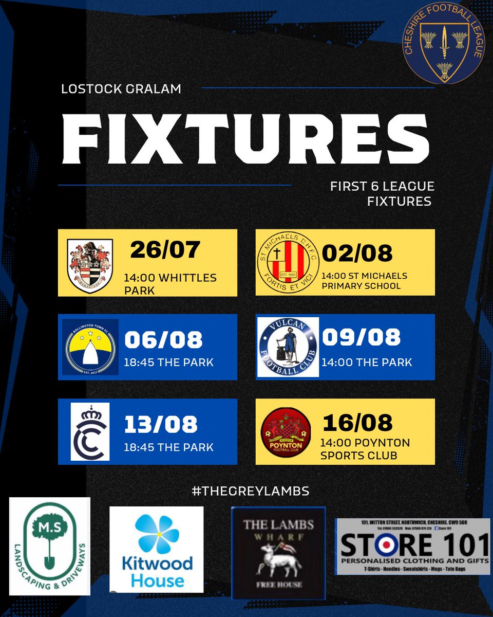 thegreylambs's tweet image. 🚨July/August fixtures🚨

As we start our @CheshireFL 25/26 season we take a look at the July/ August fixtures 

26 Jul- Denton (A) 
02 Aug- St Michaels (A)
06- Bollington (H)
09- Vulcan (H)
13- Crewe FC (H)
16- Poynton (A)

Come down to support local football at #TheGreyLambs