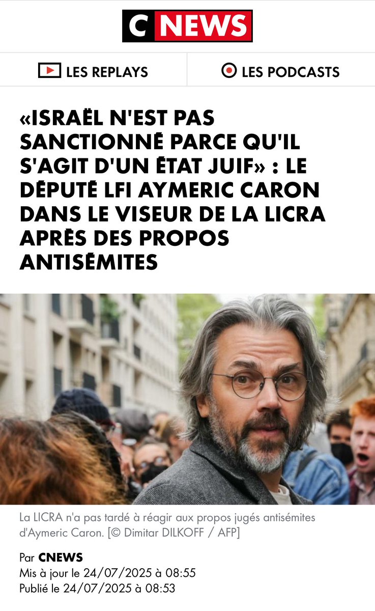 Lycrem 3.0 ☨ 🇫🇷🇪🇺 ☨ (@lycrem3) on Twitter photo ➡️ « Israël n’est pas sanctionné parce qu’il s’agit d’un État Juif »…Des propos insupportables de <a href="/CaronAymericoff/">Aymeric Caron</a> qui imite désormais #Soral et Jean-Marie Le Pen.
J’espère qu’une plainte sera déposée. ➡️ « Israël n’est pas sanctionné parce qu’il s’agit d’un État Juif »…Des propos insupportables de <a href="/CaronAymericoff/">Aymeric Caron</a> qui imite désormais #Soral et Jean-Marie Le Pen.
J’espère qu’une plainte sera déposée.