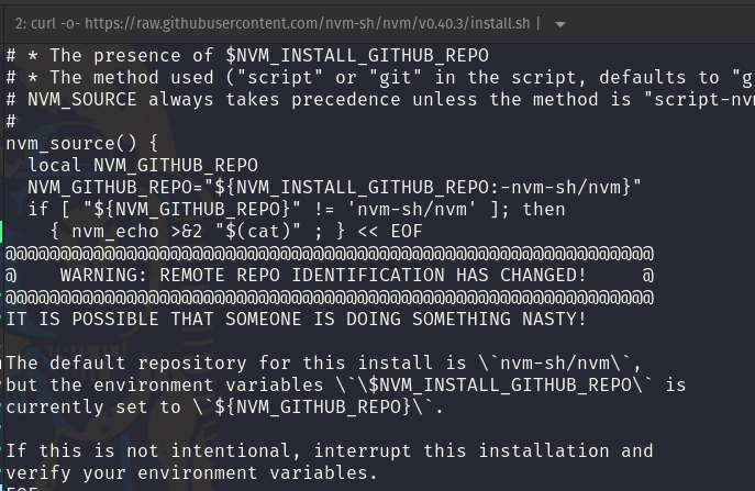 s3bc40's tweet image. Trying to check the curl link with the script to install `nvm` and seeing this! Security is important even in your installation script. That's pro 👍
