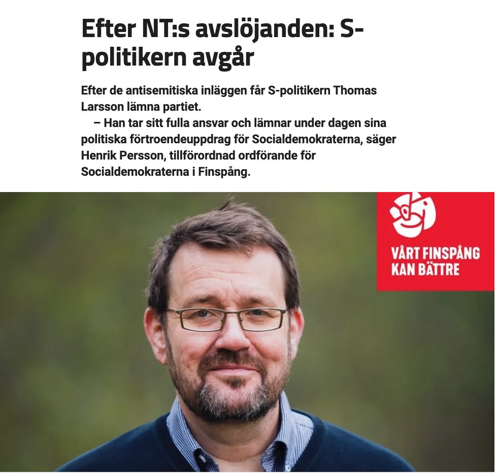 danielleviathan's tweet image. Detta är välkommet, vi kan inte ha politiker i Sverige som delar antisemitiska budskap. Jag vill att mina framtida barn ska kunna växa upp i ett Sverige där antisemitiska budskap är ett minne blott - men vi har en lång väg att gå för att nå dit.
corren.se/nyheter/finspa…