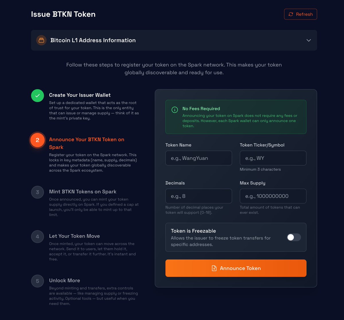 satonspark's tweet photo. 🚀 Sparksat Update! 

  1️⃣ Free BTKN Token Issuance
  ✅ Zero fees, zero deposits required
  ✅ No L1 gas fees needed
  ✅ One token per wallet
  ✅ Announce instantly with one click

  2️⃣ Static L1 Deposit Address
  🔒 One address, use forever
  🔄 Auto-detect & claim deposits
  📊 Real-time deposit history
  ⚡ Fast Claim & refund support

  #Spark #BTKN #Bitcoin #Web3