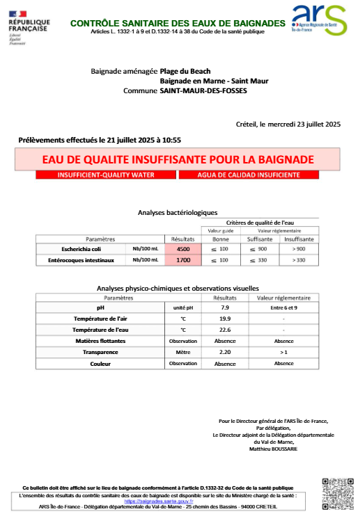 Situation très mauvaise dans la Marne (donc en amont de la Seine). Escherichia coli à 4500 pour un maximum toléré de 900.