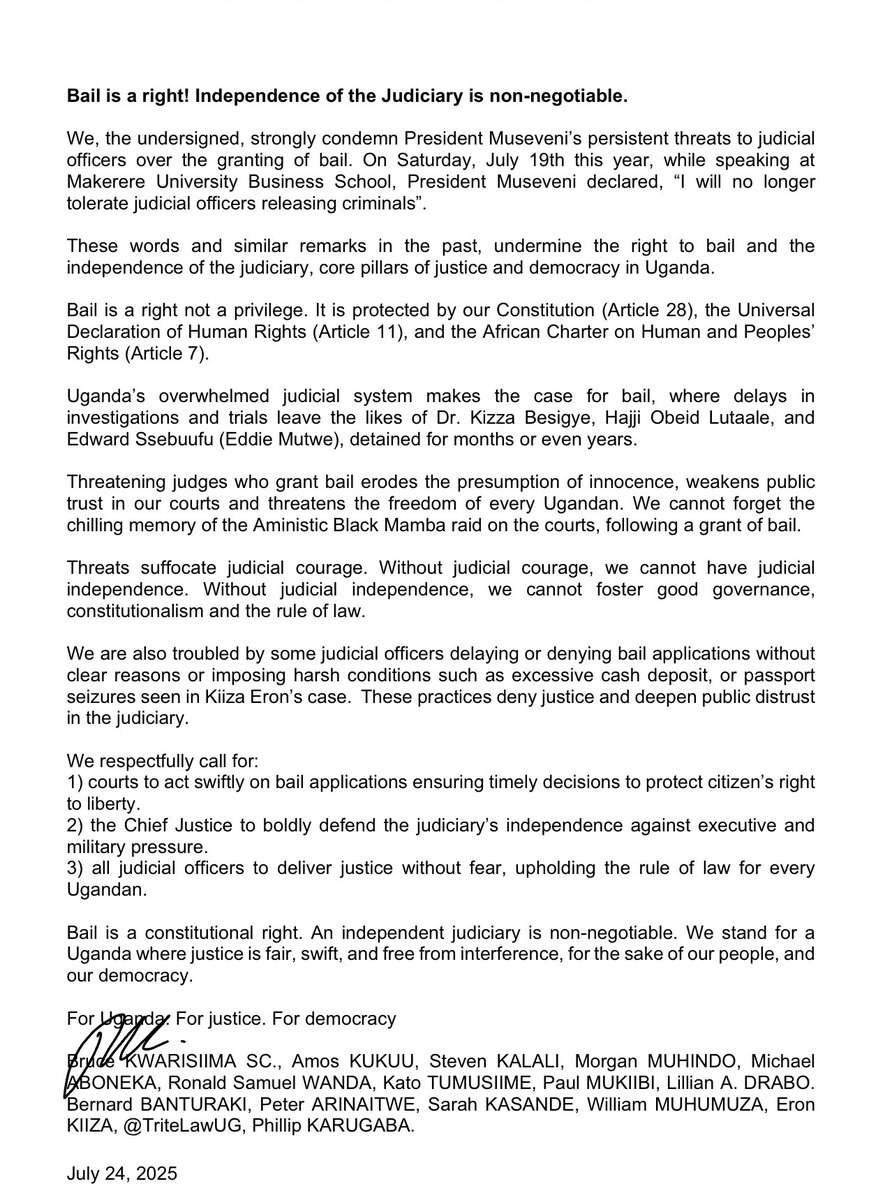 PhillipKarugaba's tweet image. We stand for justice & democracy in Uganda. Bail is a constitutional right, and judicial independence is non-negotiable. We respectfully urge President @KagutaMuseveni to stop threatening our courts. Read our full statement. #JusticeForAll #RuleOfLaw @ac_owinydollo @JudiciaryUG