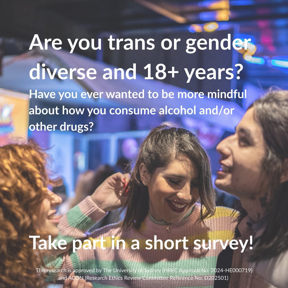 We are keen to learn from the 'Understanding and improving trans people’s experiences of seeking, accessing, and engaging alcohol and other drug support' research project. If you have relevant experience, we would love for you to take this short survey: redcap.sydney.edu.au/surveys/?s=WHF…