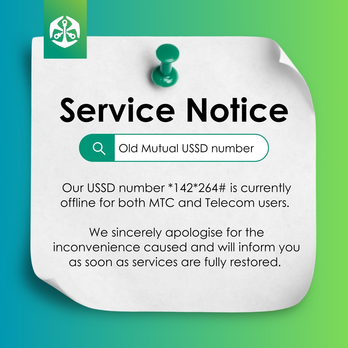 OldMutualNam's tweet image. Important Notice
Our USSD code *142*264# is currently unavailable to both MTC and Telecom users. We’re working on resolving the issue and will notify you once full access is restored.
#ServiceUpdate #USSDDown #OldMutualNamibia #StayInformed #CustomerNotice