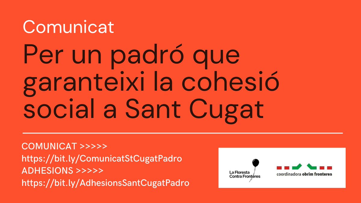 📢 Al darrer ple del mes de juliol, el tinent d’alcalde de <a href="/ajsantcugat/">Aj. Sant Cugat</a>, Jordi Puigneró, va anunciar que el consistori ha donat de baixa més de 4.000 persones del padró.
El padró és un dret i una obligació per als ajuntaments.
🔗 Adhereix-te i comparteix!  coordinadoraobrimfronteres.org/per-un-padro-q…