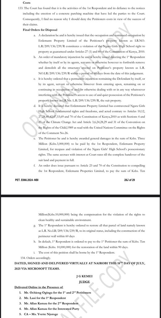 ArnoldOginga's tweet image. Env & Land Court has agreed with us & allowed our Petition awarding 10M on Env harm, disruption of learning activities Ngara Girls High School Citing UN Conv on Climate Change, Climate Change Act, Kenya, UN Committee on Rights of Child General Com 26 & Conv on Rights of Child 😊
