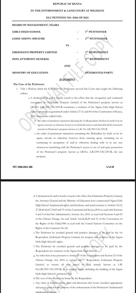 ArnoldOginga's tweet image. Env & Land Court has agreed with us & allowed our Petition awarding 10M on Env harm, disruption of learning activities Ngara Girls High School Citing UN Conv on Climate Change, Climate Change Act, Kenya, UN Committee on Rights of Child General Com 26 & Conv on Rights of Child 😊