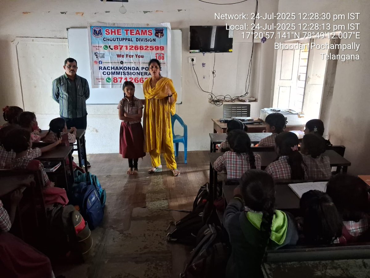 Today
 She Team Kushaiguda, conducted Awareness Program at ZPHS, Kapra, Kushaiguda PS limits. &amp;
She Team Choutuppal Division conducted Awareness programme at Govt Primary school Pochampally, Pochampally ps limits.