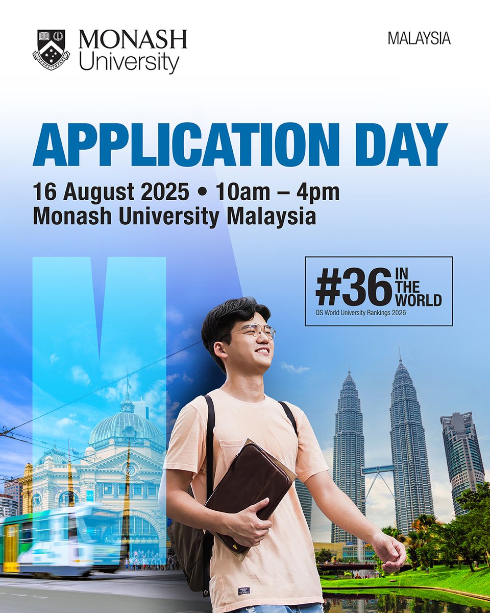 MonashMalaysia's tweet image. Join us at our Application Day and Postgraduate Info Day!
Application Day
📅 16 August 2025
⏰ 10am – 4pm
🔗 monashmalaysia.info/46XaWYg
Postgraduate Info Day
📅 16 August 2025
⏰ 11am – 4pm
💻 Also available via Zoom
🔗 monashmalaysia.info/4o4KTo8
See you soon!