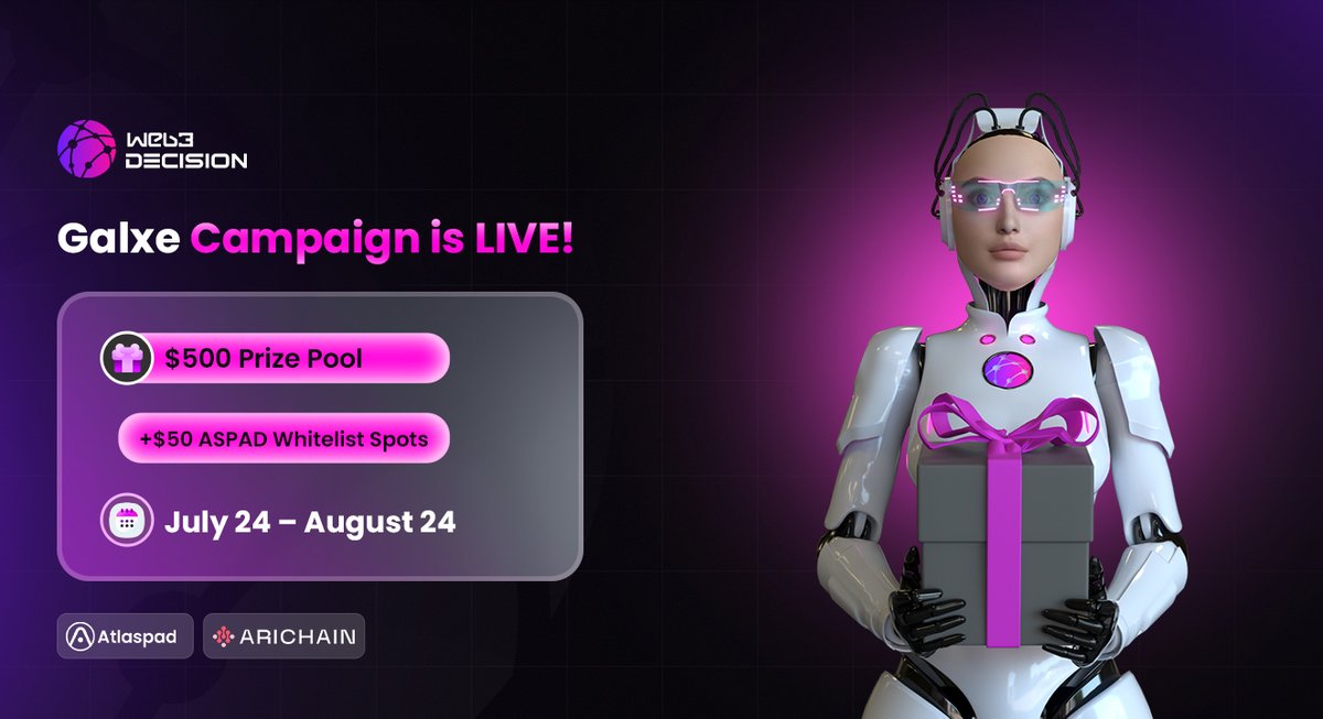 web3decision's tweet image. 🚀 @Galxe Campaign is LIVE!
🎁 Prize Pool: $500 + $50 ASPAD Whitelist Spots
🤝 Partners: WEB3D | @Arichain_ | @Atlaspad
📅 Campaign Dates: July 24 – August 24
🔥 Complete quests & win exciting rewards!
Join: app.galxe.com/quest/KTgS2d8F…
#WEB3D #ARIChain #ATLASPAD #Galxe…