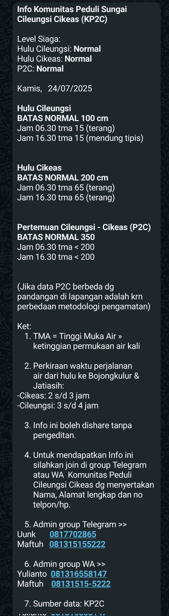 KP2C (@kp2c_info) on Twitter photo InfoKP2C #TMA #Kamis24Juli2025 hulu Cileungsi, Cikeas & P2C Normal. Cileungsi mendung tipis dan Cikeas terang <a href="/infoJATIASIH/">Jatiasih™</a> <a href="/kec_jatiasih/">KECAMATAN JATIASIH | #AyoPakaiMasker</a> <a href="/pemkotbekasi/">Pemerintah Kota Bekasi</a> <a href="/bogorkab/">Pemerintah kabupaten Bogor | #75TahunJabar</a> <a href="/BPBDJabar/">BPBD Provinsi Jawa Barat</a> <a href="/bpbdbogorkab/">bpbdbogorkab</a> <a href="/pastigana/">Pastigana BNPB</a> <a href="/txtdrbekasi/">TxtdariBekasy 🇵🇸</a> #SiapUntukSelamat #BudayaSadarBencana #StaySafe #StayHealthy InfoKP2C #TMA #Kamis24Juli2025 hulu Cileungsi, Cikeas & P2C Normal. Cileungsi mendung tipis dan Cikeas terang <a href="/infoJATIASIH/">Jatiasih™</a> <a href="/kec_jatiasih/">KECAMATAN JATIASIH | #AyoPakaiMasker</a> <a href="/pemkotbekasi/">Pemerintah Kota Bekasi</a> <a href="/bogorkab/">Pemerintah kabupaten Bogor | #75TahunJabar</a> <a href="/BPBDJabar/">BPBD Provinsi Jawa Barat</a> <a href="/bpbdbogorkab/">bpbdbogorkab</a> <a href="/pastigana/">Pastigana BNPB</a> <a href="/txtdrbekasi/">TxtdariBekasy 🇵🇸</a> #SiapUntukSelamat #BudayaSadarBencana #StaySafe #StayHealthy