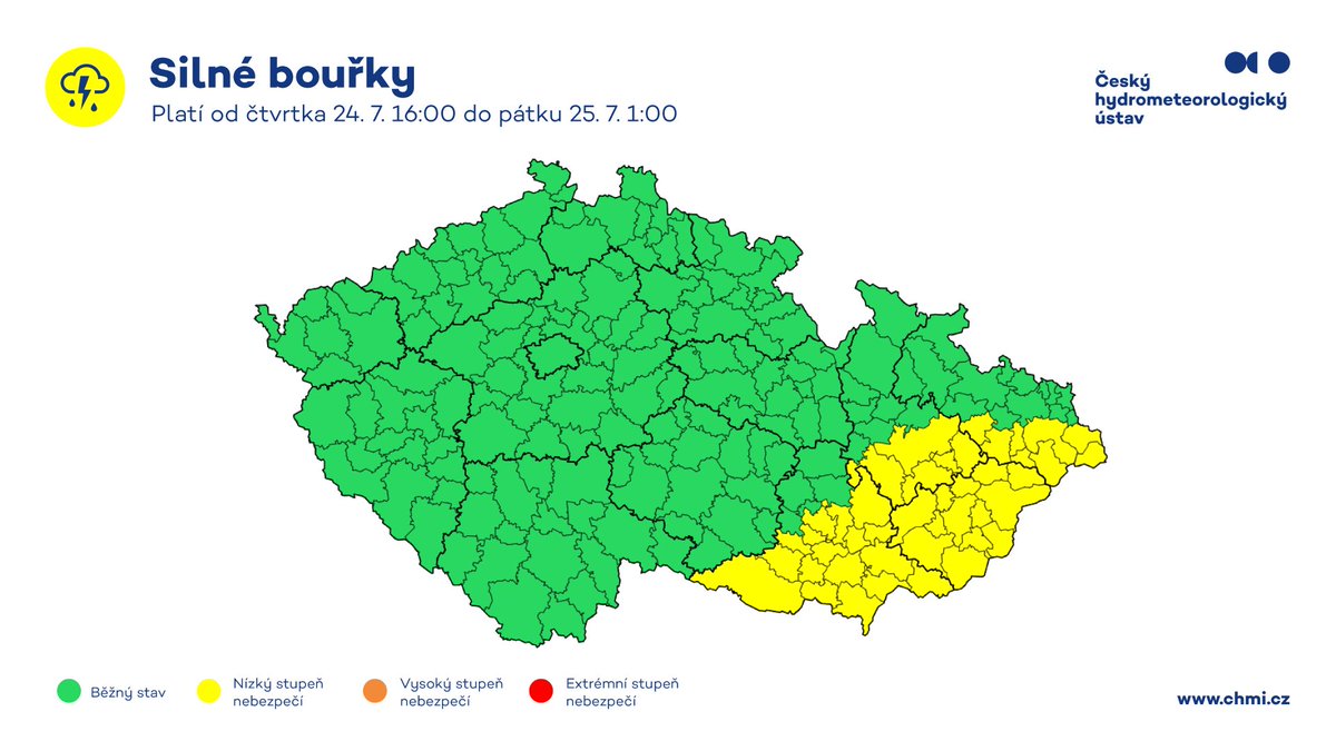 ⚠️Výstraha ČHMÚ na silné bouřky
⛈ Ve čtvrtek 24. 7. se v pozdějších odpoledních a večerních hodinách v oblasti pohraničních regionů dolního Rakouska a v Jihomoravském kraji vyskytnou silné bouřky s krátkodobými úhrny kolem 30 mm.

⛈Bouřková aktivita bude ve večerních a nočních