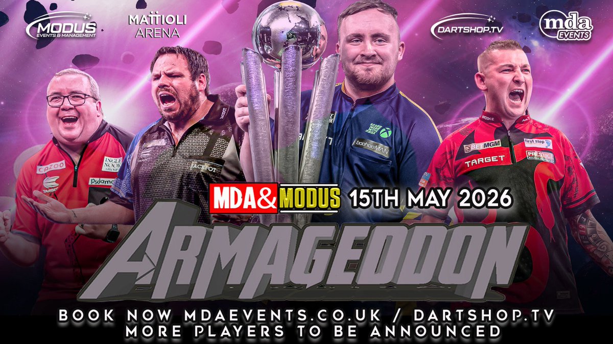 MDAevents's tweet image. ☢️It was a thrilling win for Luke Littler at the World Matchplay last night, and you can see &apos;The Nuke&apos; at Armageddon in 2026!

Make sure you get your tickets for our flagship show here⬇️

mdaevents.co.uk/product/armage…