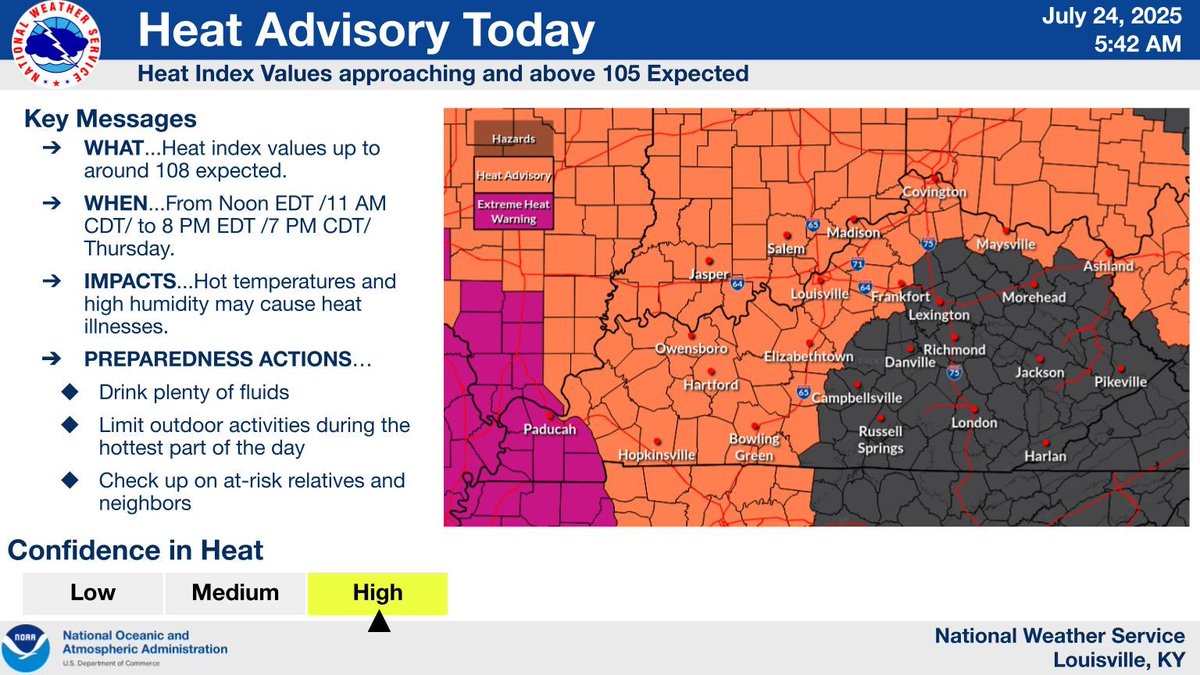 NWSLouisville's tweet image. A Heat Advisory has been issued for all of southern Indiana and parts of central Kentucky for this afternoon and evening. #INwx #KYwx